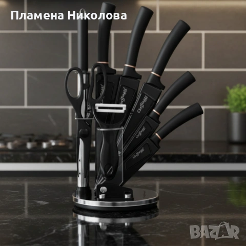 Комплект уреди за рязане Cheffinger – 9 части с мраморно покритие, стойка, точило и белачка