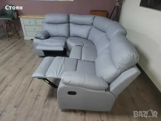 Сив кожен ъглов диван с релаксиращ механизъм от изкуствена кожа, снимка 9 - Дивани и мека мебел - 47710438