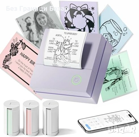 Нов Мини принтер стикер мейкър PM290 термопечат 3 ролки лепящи 54мм