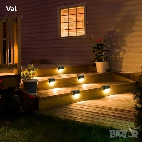Комплект от 4 броя соларни LED лампи за стълби и огради – Водоустойчиви IP44, топла светлина, снимка 9 - Лед осветление - 53833193