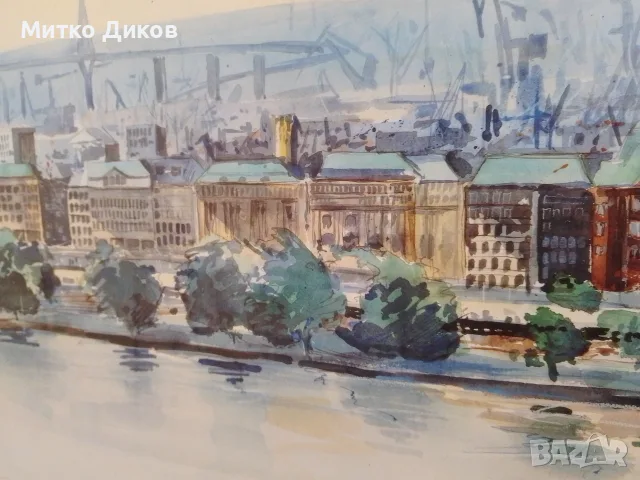 Hamburger Michel Landingsbrucken Binnenalsyer акварел подписан 90г панорама 132х58см Злат. рамка ст., снимка 13 - Картини - 55846251