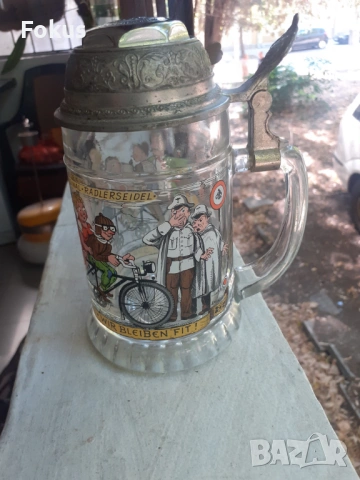 Стара немска халба за бира със звънец, снимка 4 - Антикварни и старинни предмети - 53273890