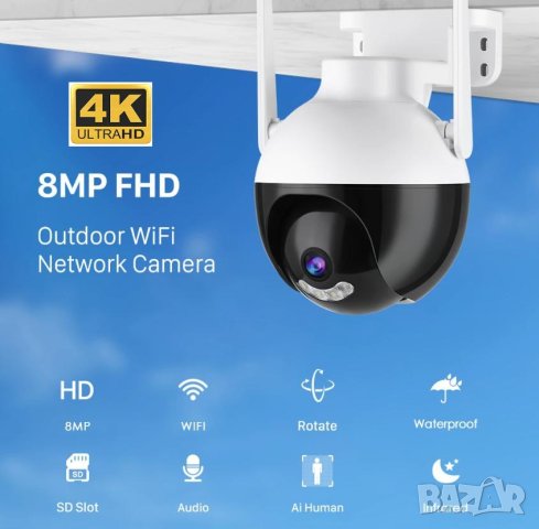 4K SUPER ULTRA HD 8MPx PTZ 5хZoom Wi-Fi Следяща Камера Микрофон Карта Памет Слот PIR Сензор Движение