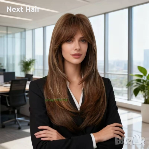 Кафява перука с фини руси кичури и дълъг бретон, снимка 2 - Аксесоари за коса - 52897429