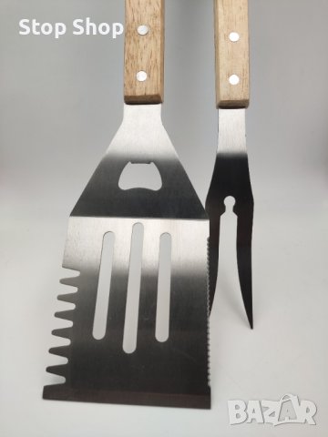 BBQ сет стомана дървен вилица и шпатула , снимка 3 - Барбекюта - 41480767