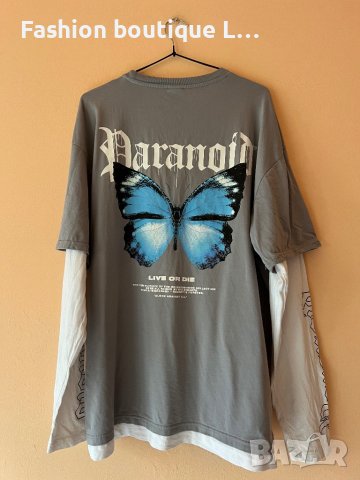 Сива блуза с бели ръкави и синя пеперуда L размер Black squad 🦋, снимка 5 - Блузи с дълъг ръкав и пуловери - 44326215