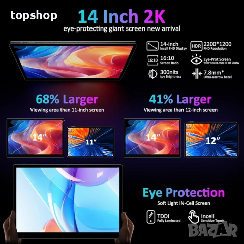 Огромен 14 инчов Таблет BEYNIVAN Android 15 36GB RAM 256GB ROM, USB-C кабел, адаптер, писалка ..., снимка 3 - Таблети - 53457494