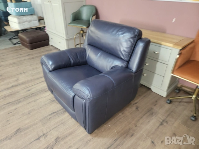 Тъмно син кожен фотойл, снимка 7 - Дивани и мека мебел - 53721522