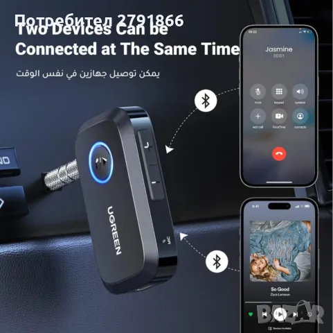 UGREEN Bluetooth адаптер 5.3 за кола или домашна система 3.5мм жак вграден микрофон 15 часа батерия, снимка 2 - Bluetooth слушалки - 50282824