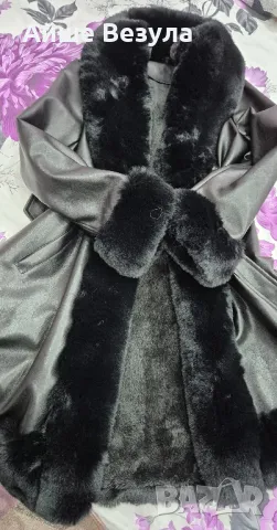 Дамско кожено яке, естествена кожа с богат еко пух. Размер L, снимка 2 - Якета - 48472943