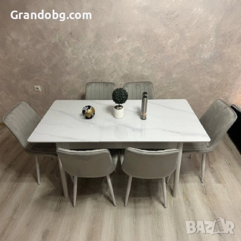 Комплект трапезна разтегателна маса със закалено стъкло и 6 стола Лорета
