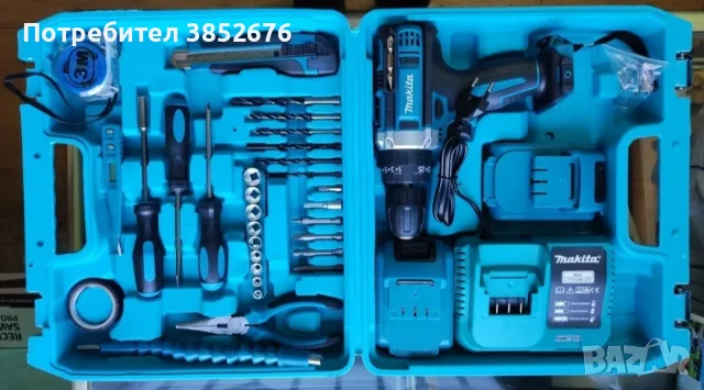 НОВ Акумулаторен винтоверт Makita с голям комплект инструменти и 2 батерии