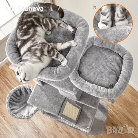 Драскалка за котки Light Gray 206 см – XXL катерушка с 2 къщички, хамак и площадки., снимка 3 - За котки - 55853792