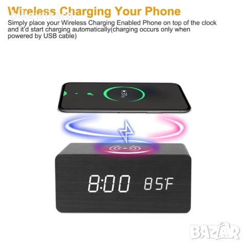 MIOBLUE будилник Дървен  18W безжично зареждане аларма температура ЧЕТЕТЕ ОПИСАНИЕТО