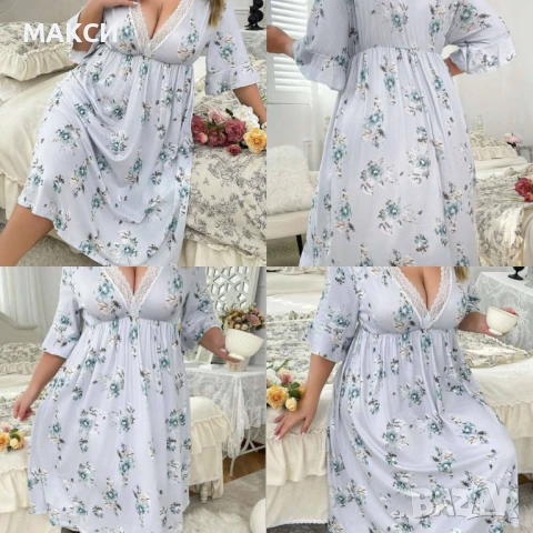 Макси прекрасна мека дълга еластична нощница с V-образно деколте с фина дантела в красив флорален де, снимка 2 - Нощници - 49979731