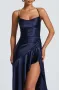 Дамска елегантна сатенена вечерна рокля с висока цепка и гръб с връзки в тъмносиньо, снимка 4