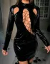 L Черна, еластична рокля от лак / винил/ с дълъг ръкав, снимка 1