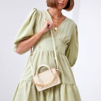Вталена рокля с буфан ръкави - Зелена - L размер, снимка 6 - Рокли - 44926104