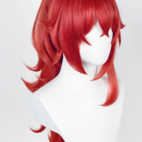 Аниме червена перука Diluc, снимка 3 - Аксесоари за коса - 44667070