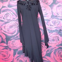 Черна вечерна рокля под коляно с къдри Л , снимка 2 - Рокли - 41918608