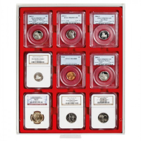 Lindner MB кутия в червен цвят PVC за 9 сертифицирани монети / монетни карти, снимка 1 - Нумизматика и бонистика - 44828323
