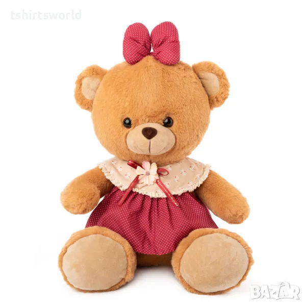 Ново плюшено кафяво мече с цикламена рокля и панделка, 42см, снимка 1