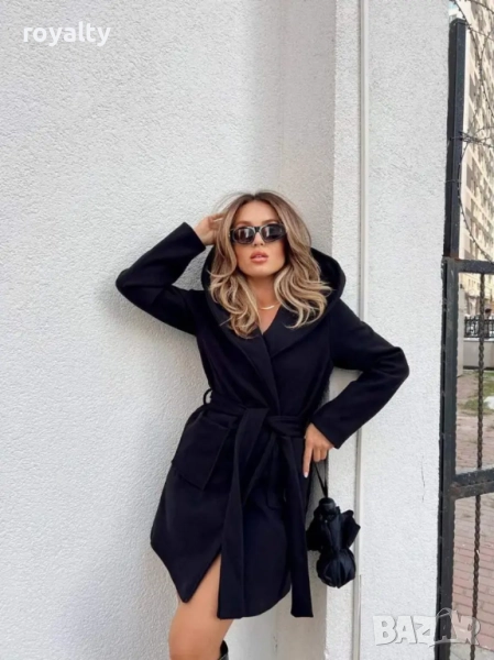 Дамско черно палто с коланче и качулка в 3 цвята, снимка 1