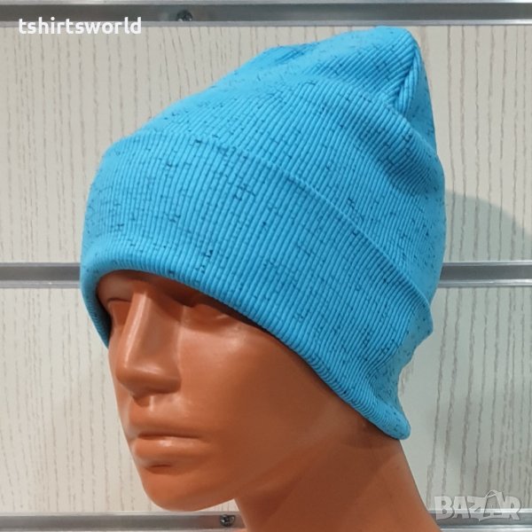 Нова дамска зимна шапка рипс с подгъв в цвят син меланж, снимка 1