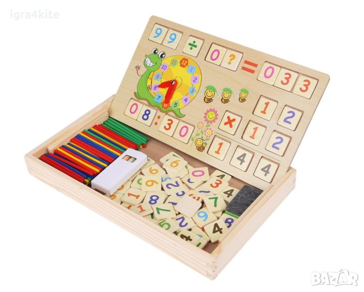 Дървена двустранна дъска с математика пръчици и часовник, снимка 1