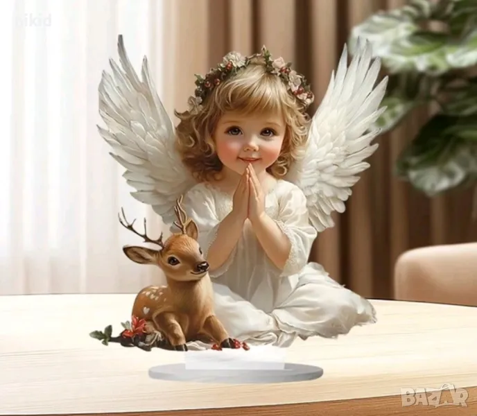 2D Акрилен топер Момиче момиченце ангел фея със сърна на стойка основа украса декор статуетка, снимка 1