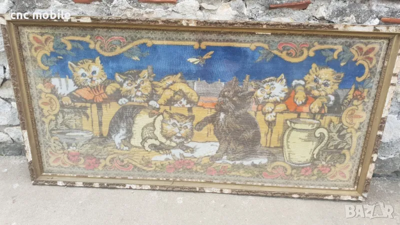Стар гоблен с дървена рамка, снимка 1
