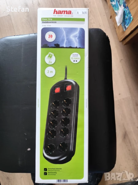 Разклонител HAMA Power strip, 10 гнезда, 1.4м, Допълнителен контакт, Бутони вкл/изкл., снимка 1