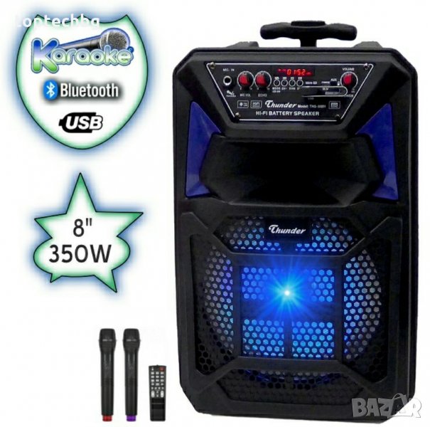 Караоке Тонколона 8 инча Thunder, два Безжични Микрофона, акумулаторна батерия, Bluetooth, FM радио,, снимка 1