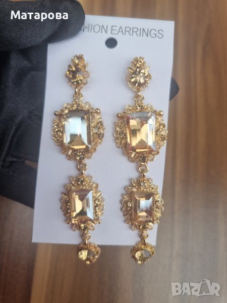 Ефектни висящи златисти обеци с камъни - модел 35, снимка 1