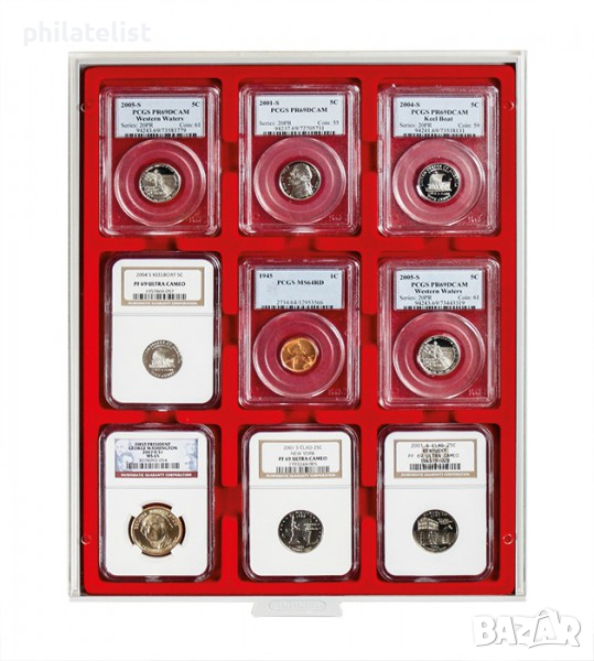 Lindner MB кутия в червен цвят PVC за 9 сертифицирани монети / монетни карти, снимка 1