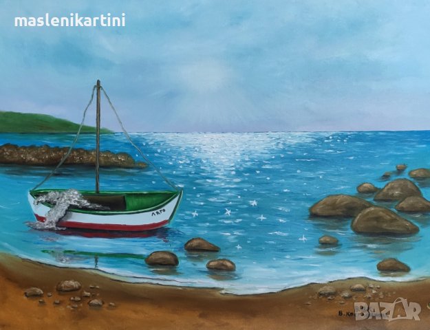 Море и лодка маслена картина , снимка 2 - Картини - 39862311