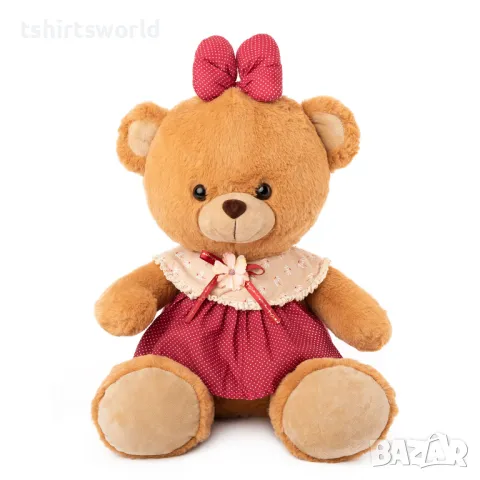 Ново плюшено кафяво мече с цикламена рокля и панделка, 42см