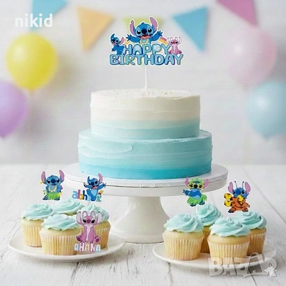 15 бр Стич Stitch Лило Нала картонени топери топер за торта мъфини, снимка 3 - Други - 52900672