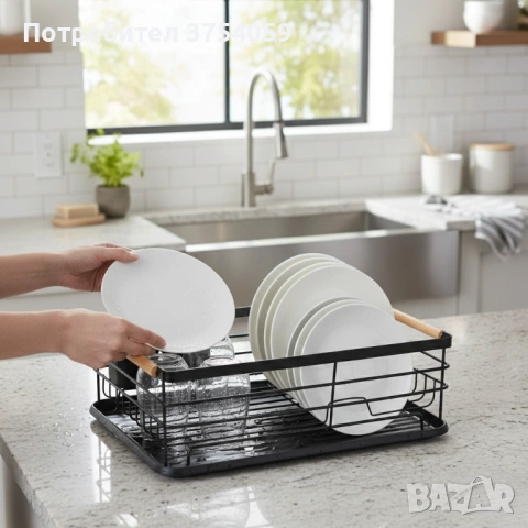 Компактен сушилник за съдове с отцеждаща табла Cheffinger – метален, 43 x 32 x 14 см, модерен дизайн, снимка 2 - Други стоки за дома - 53174188