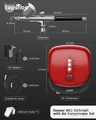 Комплект за аерограф Oasser, компресор, ръчен с двойно действие, литиева батерия, авто спиране с LED, снимка 9 - Гедорета - 51628764