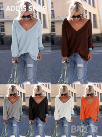 Дамски пуловер(туника) с дълбоко V-образно деколте и дълги ръкави, 10цвята 