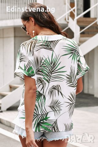Дамска риза с къс ръкав и тропически принт, снимка 5 - Ризи - 40518129