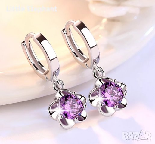Сребърни висящи обеци цветя,колекция"Flowers",purple/нови