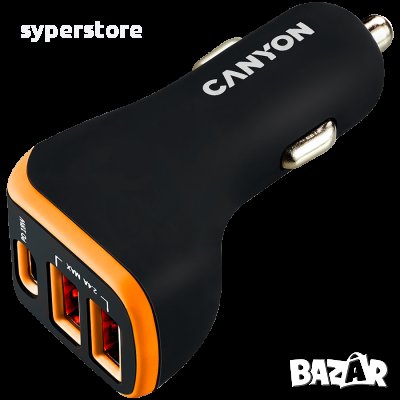 Зарядно за кола CANYON C-08, 2xUSB, 1xUSB Type-C, универсално, Оранжев SS30182