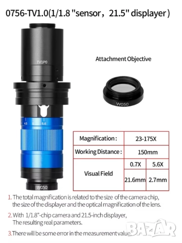 Оптика микроскоп ZONGMAI C-Mount 23-175X, снимка 2 - Обективи и филтри - 52259928