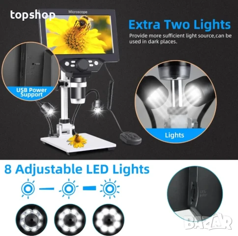 НОВ Цифров микроскоп Koolertron с 7'' екран 1080p, 32GB памет, 1200x увеличение, камера, безжичен..., снимка 5 - Друга електроника - 50555878