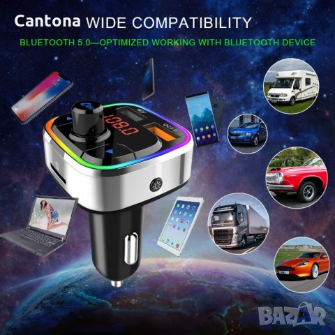 Bluetooth 5.0 FM трансмитер, QC3.0, MP3 плейър, Hands Free, 2 USB порта, RGB LED подсветка, слот за , снимка 3 - Аксесоари и консумативи - 36007850