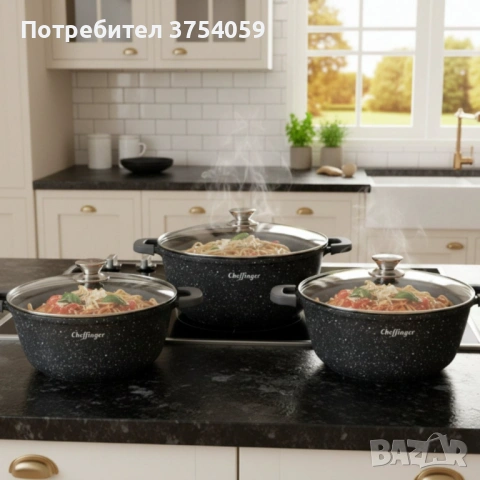Комплект тенджери Cheffinger – 6 части с мраморно покритие, 20 / 24 / 28 см, снимка 3 - Съдове за готвене - 53124716