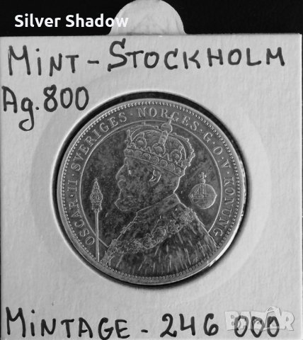 Монета Швеция 2 Крони 1897 г. Крал Оскар II - Юбилейна, снимка 2 - Нумизматика и бонистика - 31649171