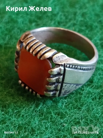 Старинен сребърен пръстен с Кехлибар орнаментиран ювелирна изработка 47115, снимка 2 - Пръстени - 52925679